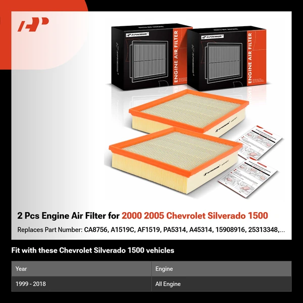 2 Pcs Engine Air Filter for 2000 2005 Chevrolet Silverado 1500