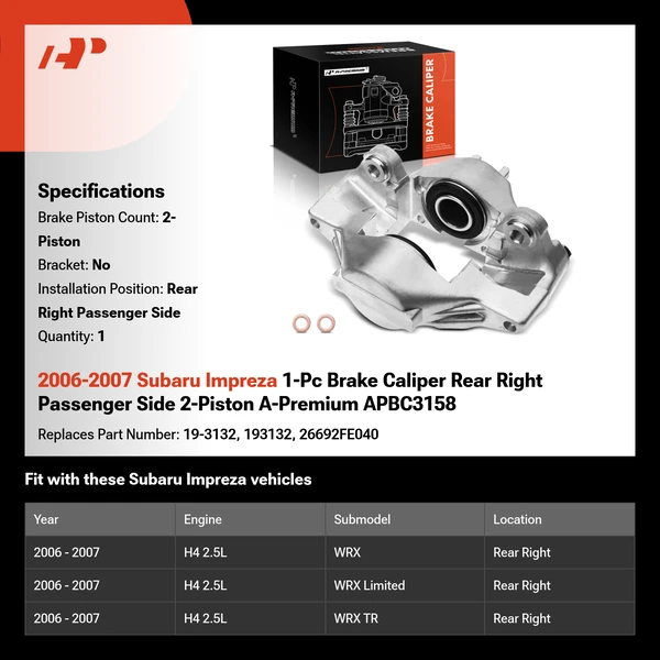 2006-2007 Subaru Impreza 1-Pc Brake Caliper Rear Right Passenger Side 2-Piston A-Premium APBC3158