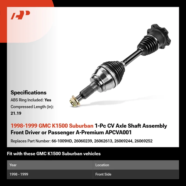 1998-1999 GMC K1500 Suburban 1-Pc CV Axle Shaft Assembly Front Driver or Passenger A-Premium APCVA001