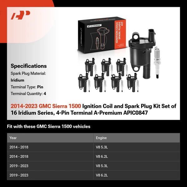2014-2023 GMC Sierra 1500 Ignition Coil and Spark Plug Kit Set of 16 Iridium Series, 4-Pin Terminal A-Premium APIC0847