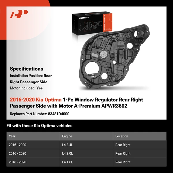 2016-2020 Kia Optima 1-Pc Window Regulator Rear Right Passenger Side with Motor A-Premium APWR3602