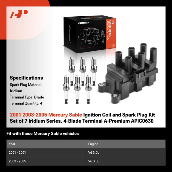2001 2003-2005 Mercury Sable Ignition Coil and Spark Plug Kit Set of 7 Iridium Series, 4-Blade Terminal A-Premium APIC0630