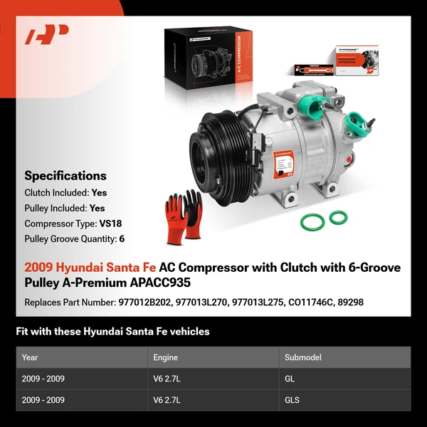 2009 Hyundai Santa Fe AC Compressor with Clutch with 6-Groove Pulley A-Premium APACC935