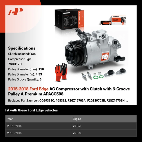 2015-2018 Ford Edge AC Compressor with Clutch with 6-Groove Pulley A-Premium APACC508
