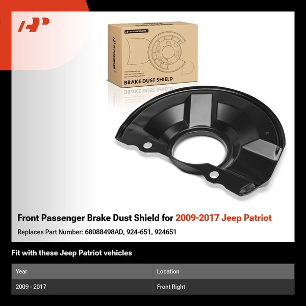 Front Passenger Brake Dust Shield for 2009-2017 Jeep Patriot
