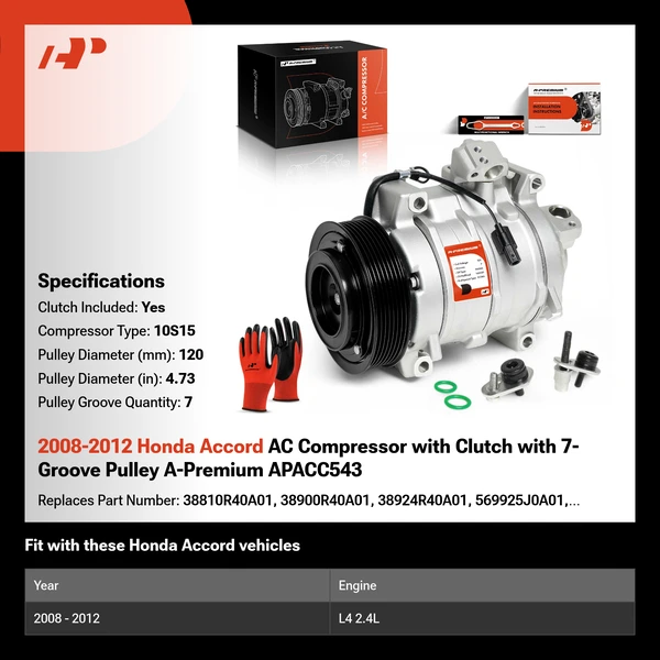 2008-2012 Honda Accord AC Compressor with Clutch with 7-Groove Pulley A-Premium APACC543