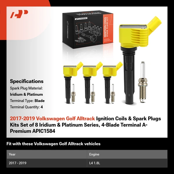 2017-2019 Volkswagen Golf Alltrack Ignition Coils & Spark Plugs Kits Set of 8 Iridium & Platinum Series, 4-Blade Terminal A-Premium APIC1584