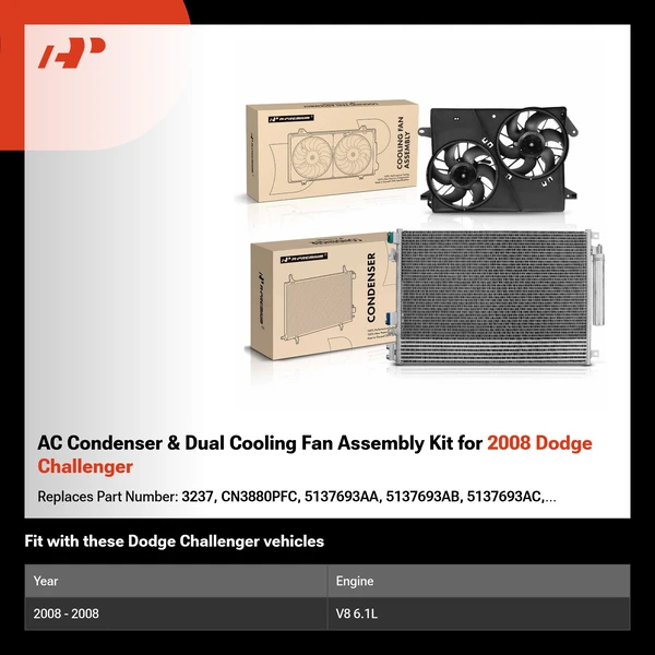 AC Condenser & Dual Cooling Fan Assembly Kit for 2008 Dodge Challenger