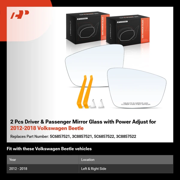2 Pcs Driver & Passenger Mirror Glass with Power Adjust for 2012-2018 Volkswagen Beetle