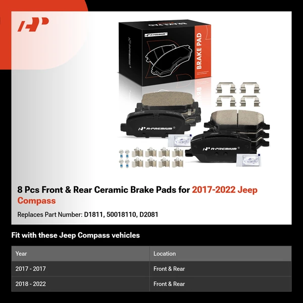 8 Pcs Front & Rear Ceramic Brake Pads for 2017-2022 Jeep Compass