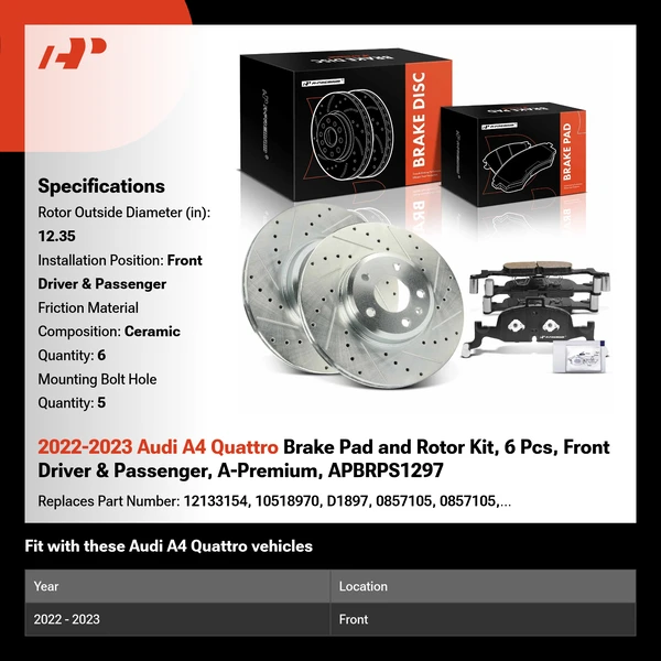 2022-2023 Audi A4 Quattro Brake Pad and Rotor Kit, 6 Pcs, Front Driver & Passenger, A-Premium, APBRPS1297