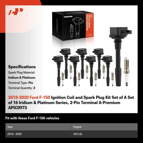 2018-2020 Ford F-150 Ignition Coil and Spark Plug Kit Set of A Set of 16 Iridium & Platinum Series, 2-Pin Terminal A-Premium APIC0973