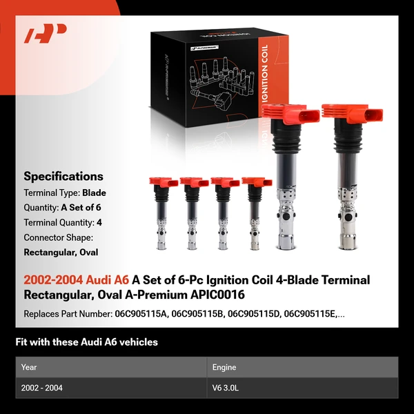 2002-2004 Audi A6 A Set of 6-Pc Ignition Coil 4-Blade Terminal Rectangular, Oval A-Premium APIC0016