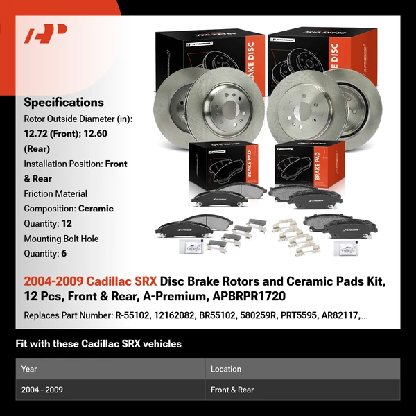 2004-2009 Cadillac SRX Disc Brake Rotors and Ceramic Pads Kit, 12 Pcs, Front & Rear, A-Premium, APBRPR1720