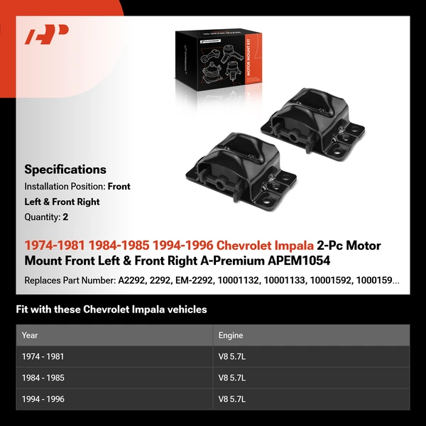 1974-1981 1984-1985 1994-1996 Chevrolet Impala 2-Pc Motor Mount Front Left & Front Right A-Premium APEM1054