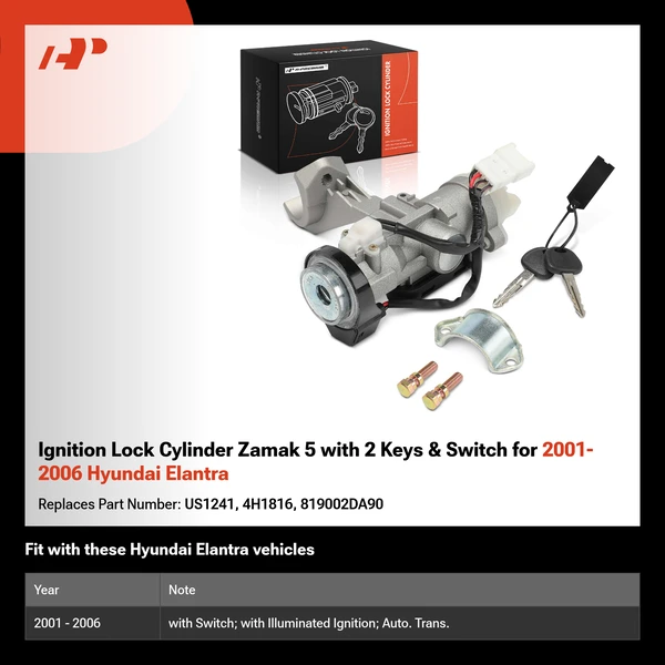 Ignition Lock Cylinder Zamak 5 with 2 Keys & Switch for 2001-2006 Hyundai Elantra
