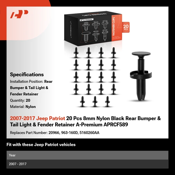 2007-2017 Jeep Patriot 20 Pcs 8mm Nylon Black Rear Bumper & Tail Light & Fender Retainer A-Premium APRCF589