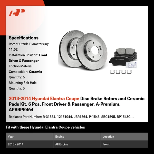 2013-2014 Hyundai Elantra Coupe Disc Brake Rotors and Ceramic Pads Kit, 6 Pcs, Front Driver & Passenger, A-Premium, APBRPR464