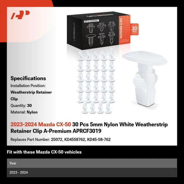 2023-2024 Mazda CX-50 30 Pcs 5mm Nylon White Weatherstrip Retainer Clip A-Premium APRCF3019