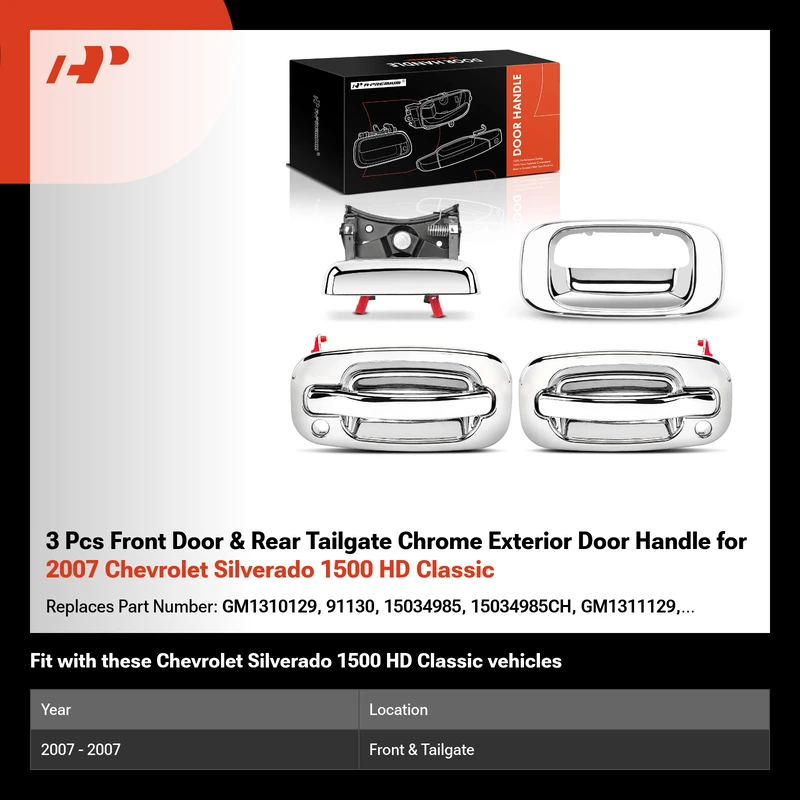 3 Pcs Front Door & Rear Tailgate Chrome Exterior Door Handle for 2007 Chevrolet Silverado 1500 HD Classic