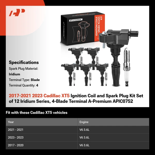 2017-2021 2023 Cadillac XT5 Ignition Coil and Spark Plug Kit Set of 12 Iridium Series, 4-Blade Terminal A-Premium APIC0752