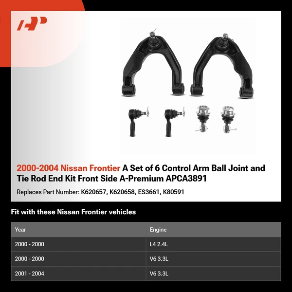 2000-2004 Nissan Frontier A Set of 6 Control Arm Ball Joint and Tie Rod End Kit Front Side A-Premium APCA3891