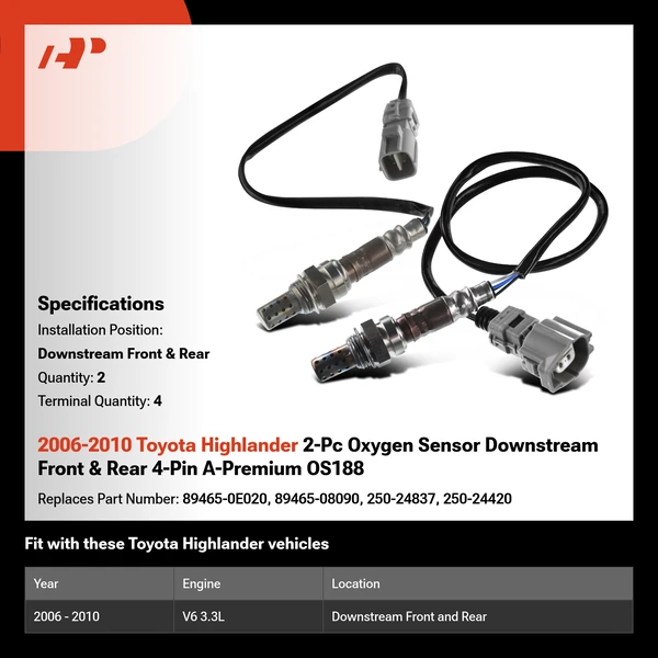 2006-2010 Toyota Highlander 2-Pc Oxygen Sensor Downstream Front & Rear 4-Pin A-Premium OS188