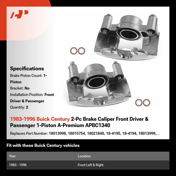 1983-1996 Buick Century 2-Pc Brake Caliper Front Driver & Passenger 1-Piston A-Premium APBC1340