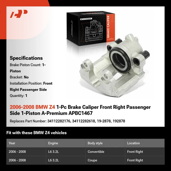 2006-2008 BMW Z4 1-Pc Brake Caliper Front Right Passenger Side 1-Piston A-Premium APBC1467