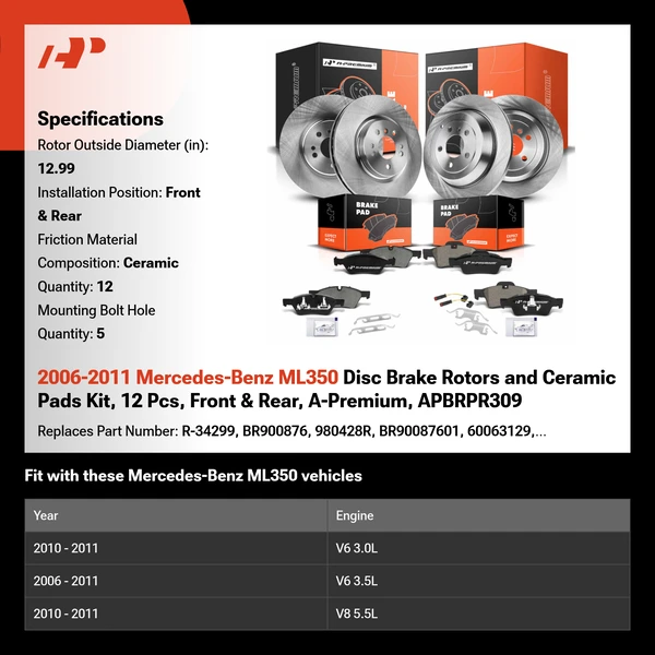 2006-2011 Mercedes-Benz ML350 Disc Brake Rotors and Ceramic Pads Kit, 12 Pcs, Front & Rear, A-Premium, APBRPR309