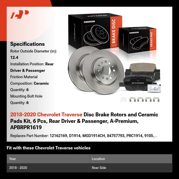 2018-2020 Chevrolet Traverse Disc Brake Rotors and Ceramic Pads Kit, 6 Pcs, Rear Driver & Passenger, A-Premium, APBRPR1619