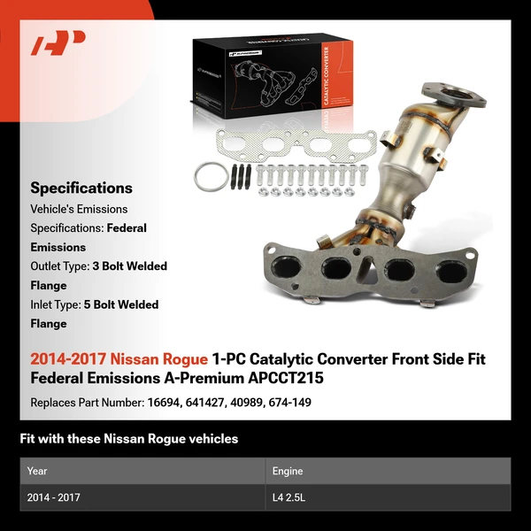 2014-2017 Nissan Rogue 1-PC Catalytic Converter Front Side Fit Federal Emissions A-Premium APCCT215