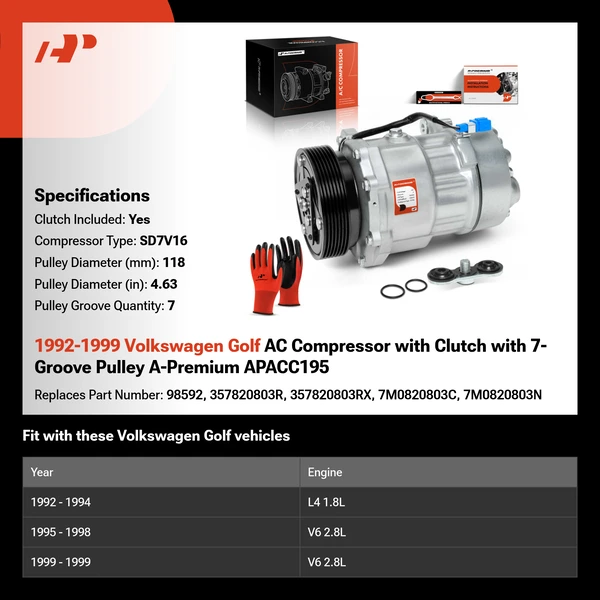 1992-1999 Volkswagen Golf AC Compressor with Clutch with 7-Groove Pulley A-Premium APACC195