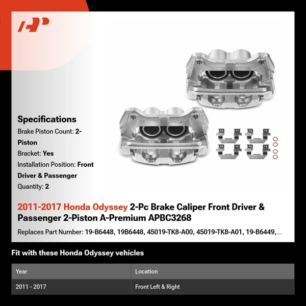 2011-2017 Honda Odyssey 2-Pc Brake Caliper Front Driver & Passenger 2-Piston A-Premium APBC3268