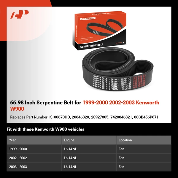 66.98 Inch Serpentine Belt for 1999-2000 2002-2003 Kenworth W900