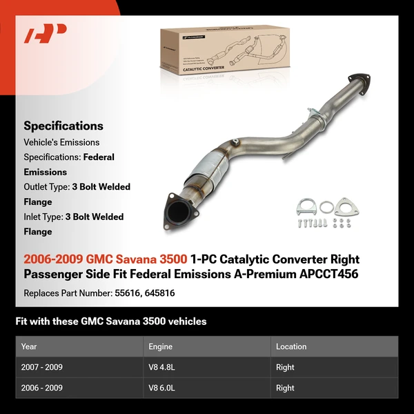 2006-2009 GMC Savana 3500 1-PC Catalytic Converter Right Passenger Side Fit Federal Emissions A-Premium APCCT456
