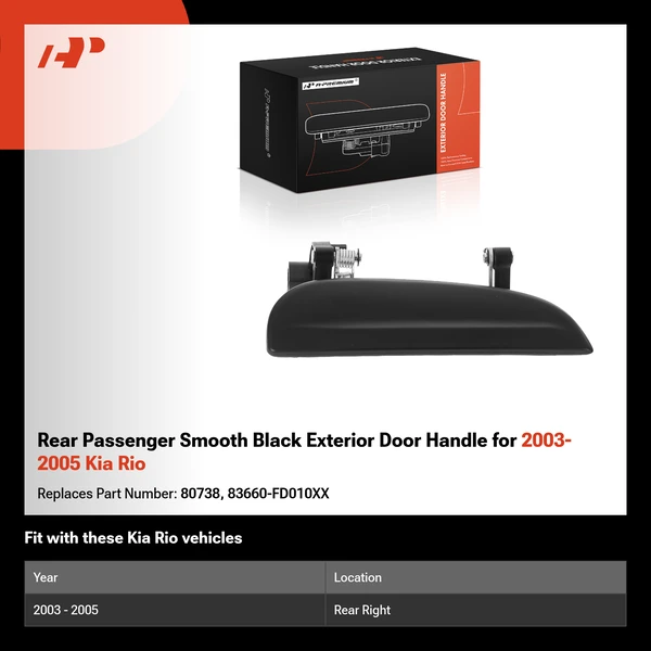 Rear Passenger Smooth Black Exterior Door Handle for 2003-2005 Kia Rio