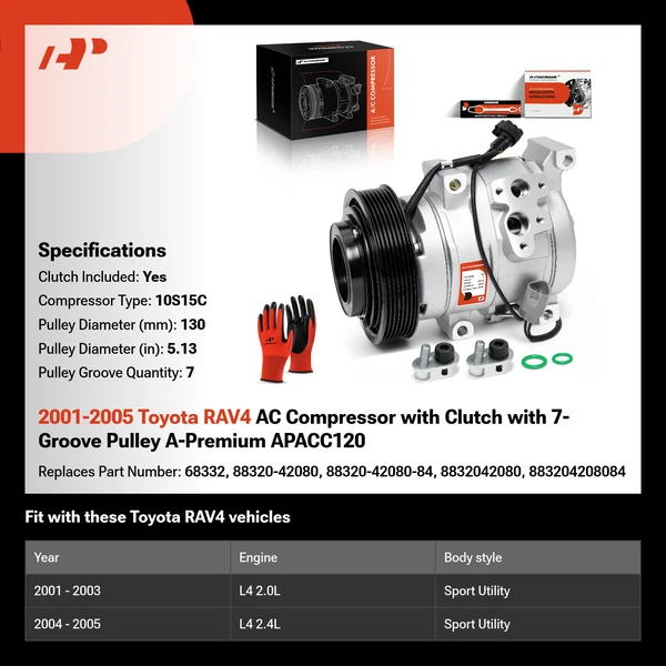 2001-2005 Toyota RAV4 AC Compressor with Clutch with 7-Groove Pulley A-Premium APACC120