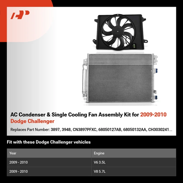 AC Condenser & Single Cooling Fan Assembly Kit for 2009-2010 Dodge Challenger