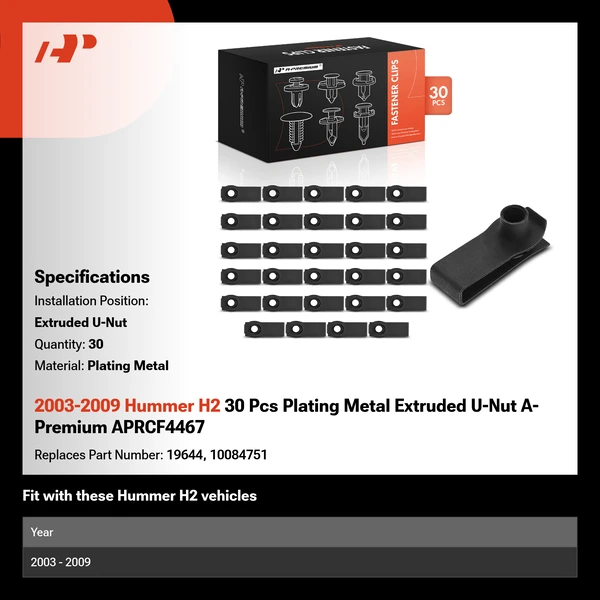 2003-2009 Hummer H2 30 Pcs Plating Metal Extruded U-Nut A-Premium APRCF4467