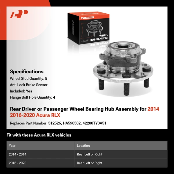 Rear Driver or Passenger Wheel Bearing Hub Assembly for 2014 2016-2020 Acura RLX