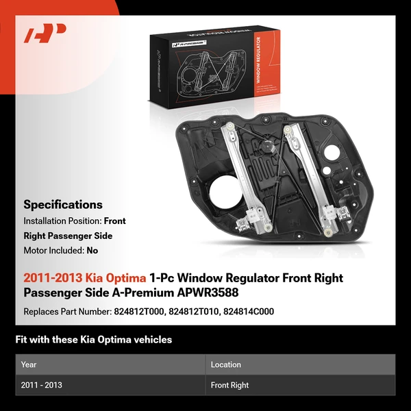 2011-2013 Kia Optima 1-Pc Window Regulator Front Right Passenger Side A-Premium APWR3588