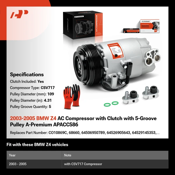 2003-2005 BMW Z4 AC Compressor with Clutch with 5-Groove Pulley A-Premium APACC586
