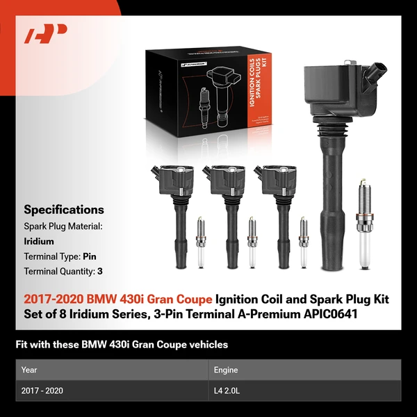 2017-2020 BMW 430i Gran Coupe Ignition Coil and Spark Plug Kit Set of 8 Iridium Series, 3-Pin Terminal A-Premium APIC0641