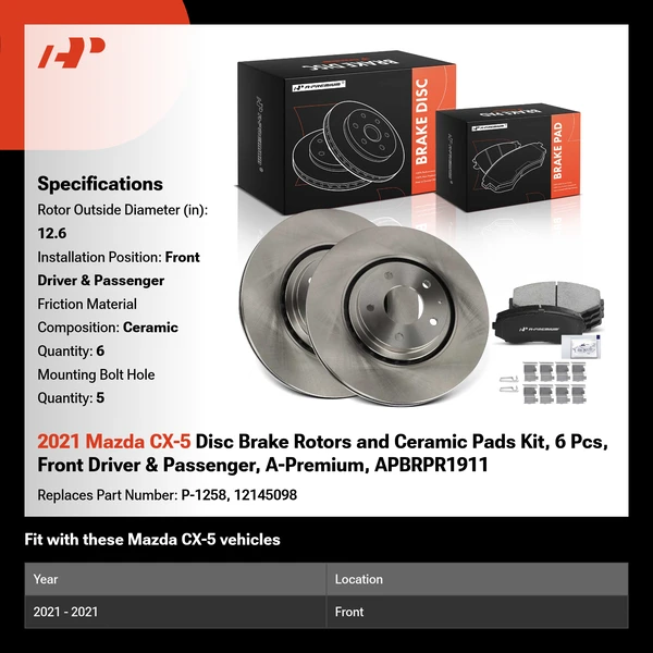 2021 Mazda CX-5 Disc Brake Rotors and Ceramic Pads Kit, 6 Pcs, Front Driver & Passenger, A-Premium, APBRPR1911