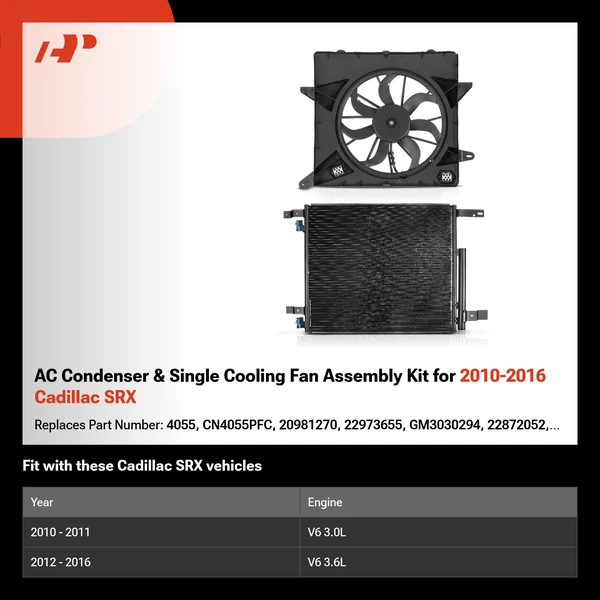 AC Condenser & Single Cooling Fan Assembly Kit for 2010-2016 Cadillac SRX
