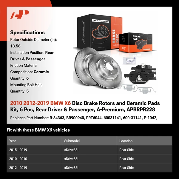 2010 2012-2019 BMW X6 Disc Brake Rotors and Ceramic Pads Kit, 6 Pcs, Rear Driver & Passenger, A-Premium, APBRPR228