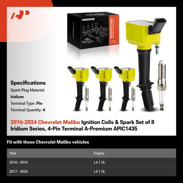 2016-2024 Chevrolet Malibu Ignition Coils & Spark Set of 8 Iridium Series, 4-Pin Terminal A-Premium APIC1435