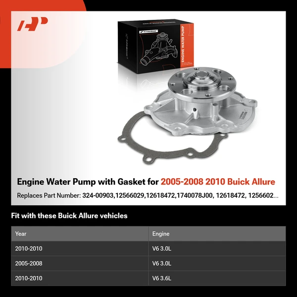 Engine Water Pump with Gasket for 2005-2008 2010 Buick Allure