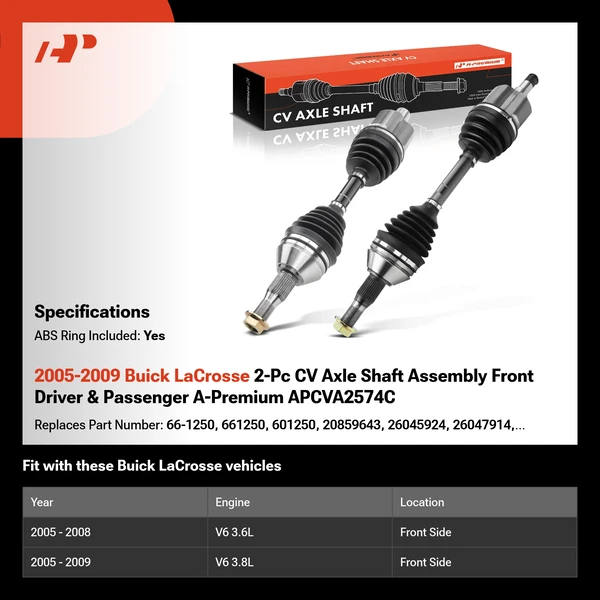 2005-2009 Buick LaCrosse 2-Pc CV Axle Shaft Assembly Front Driver & Passenger A-Premium APCVA2574C